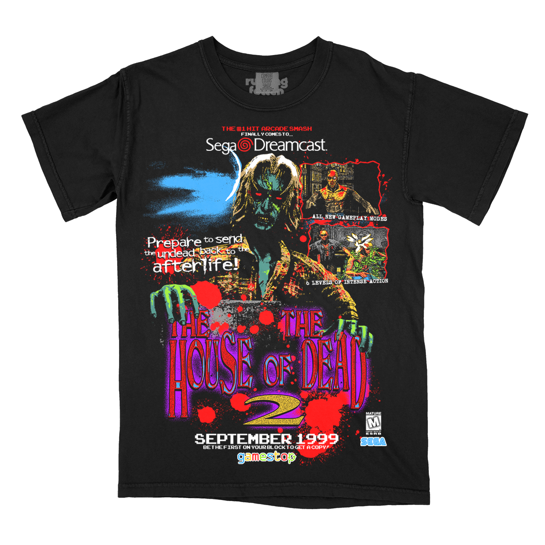 Black t-shirt with graphic print of The House of the Dead 2 video game cover art.